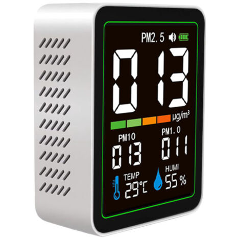 Monitor de partículas 5 en 1, sensor láser, seguimiento de PM1.0/PM2.5/PM10, temperatura y humedad, pantalla LCD a color, carga USB-C, formato portátil.