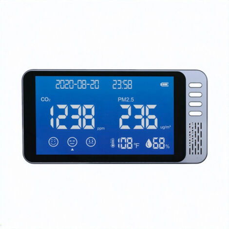 Monitor della qualità dell'aria 6 in 1 con sensore NDIR, rileva CO2, PM2.5, temperatura, umidità, visualizza ora e data, compatibile con casa, auto, ecc.