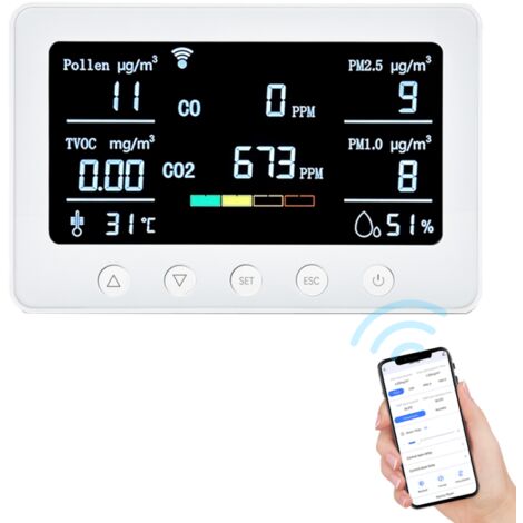 Monitor di qualità dell'aria WiFi 8 in 1 a 2,4 GHz: misura CO2/CO/PM2.5/PM1.0/TVOC/polline/temperatura/umidità, allarme, app Tuya, sensore NDIR, RS485