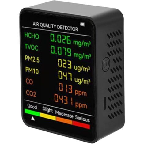 Monitor multifuncional 6 en 1 de calidad del aire, detector de dióxido de carbono con medición de temperatura y humedad, HCHO, TVOC y PM2.5 (negro)