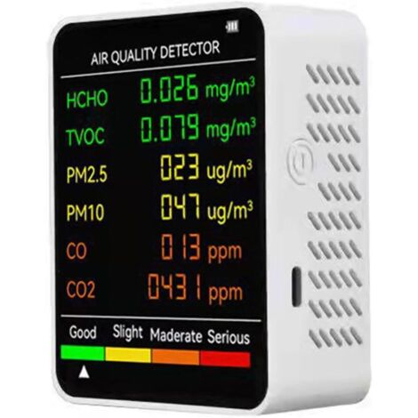Monitor multifuncional 6 en 1 de calidad del aire, detector de dióxido de carbono con temperatura y humedad, HCHO, TVOC y PM2.5 (blanco)