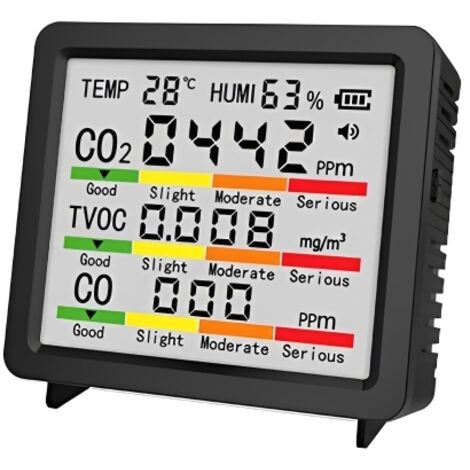 Monitor multifuncional para interiores, detector de monóxido de carbono, pantalla LCD, seguimiento en tiempo real de CO2 y COV, temperatura, humedad, color negro.