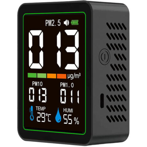 Monitor per particelle in ambienti interni 5 in 1 con schermo LCD a colori, rileva PM1.0, PM2.5 e PM10 e visualizza temperatura e umidità.