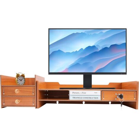 Monitor Stand Riser, Wooden Heavy Duty Desktop Organizer with 2 Shelves, Storage Compartment, Lockable Drawer, Computer/PC Monitor Riser, Office Organiser, Shelf, Laptop Riser
