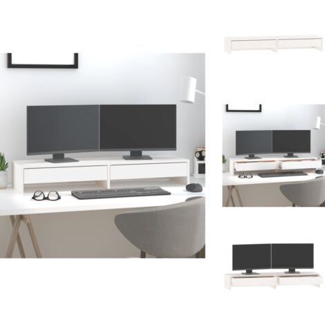 Monitorständer Weiß 100x27x15 cm Massivholz Kiefer - Monitorständer - Holzmöbel - Schreibtischorganisation - Ergonomischer Standfuß - Kiefernholzmöbel