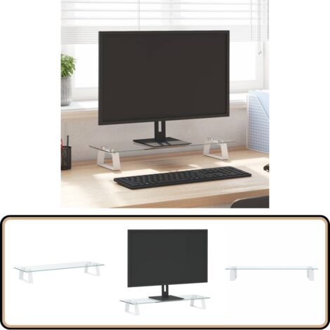 Monitorständer Weiß 60x20x8 cm Hartglas und Metall - Monitorständer - Computerständer - Laptopständer - Bürobedarf - Ergonomie