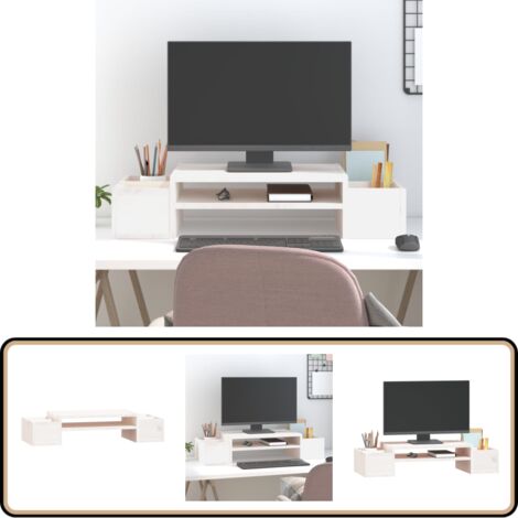Monitorständer Weiß 70x27,5x15 cm Massivholz Kiefer - Monitorständer - Holzmöbel - Schreibtischorganisation - Ergonomischer Standfuß - Kiefernholzmöbel