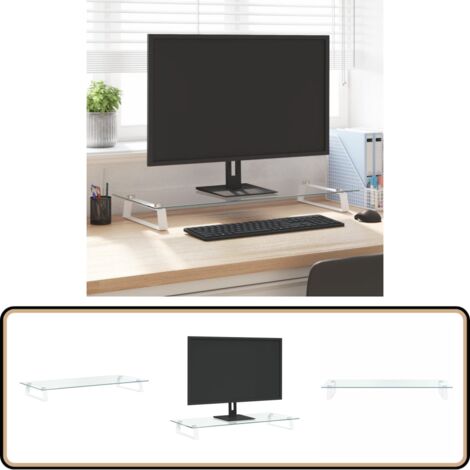 Monitorständer Weiß 80x35x8 cm Hartglas und Metall - Monitorständer - Computerständer - Laptopständer - Hartglas - Metall