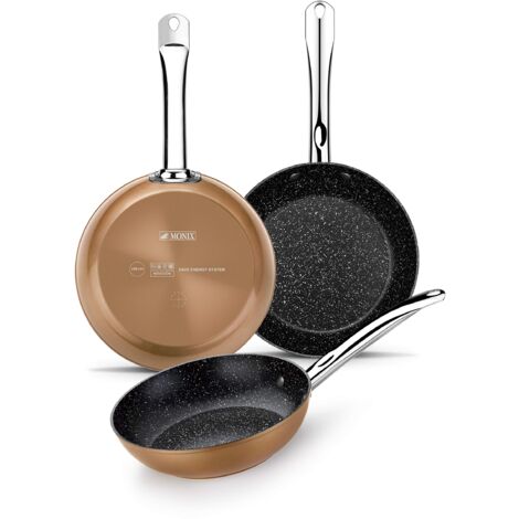 Monix Copper - Set padelle effetto Rame 20/24/28 cm, in Alluminio forgiato Antiaderente con Particelle di Titanio, per tutti i tipi di cucine anche a induzione, colore Rame