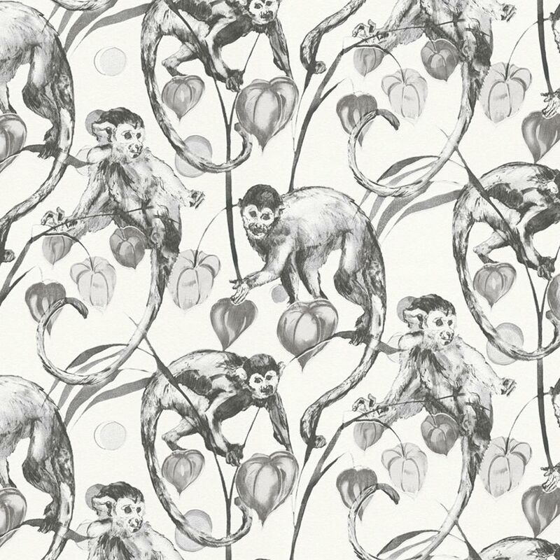 Monkey Jungle Wallpaper Textured Embossed Tropical Vinyl Black White