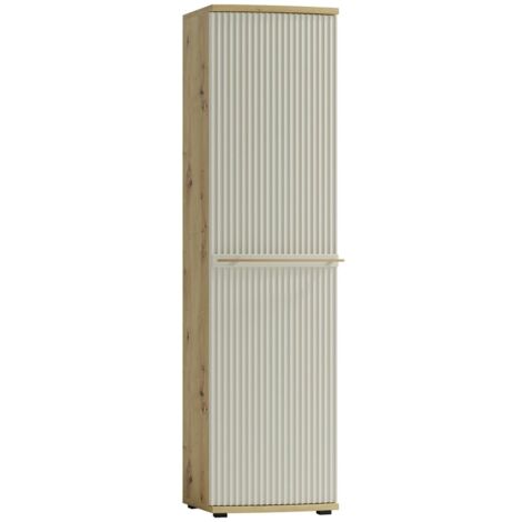 Monmobilierdesign – Armoire courbée à relief 1 porte 49x199 cm – 7 étagères en bois laminé PVC – Design épuré blanc cassé pour intérieur moderne