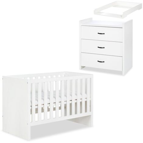 Monmobilierdesign – Ensemble bébé commode à langer et lit évolutif 120x60 cm – MDF blanc – Lit à barreaux réglable sur 3 niveaux – Commode avec plan à langer amovible