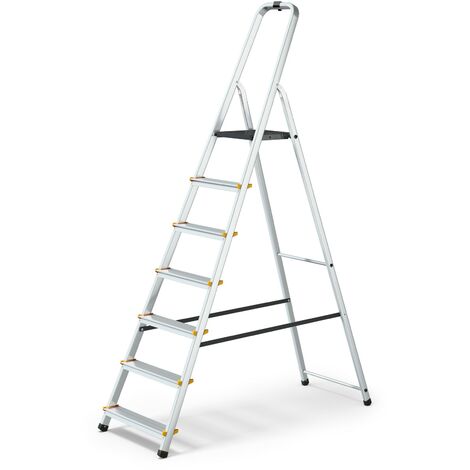 Monmobilierdesign – Escabeau professionnel aluminium 7 marches – Plateforme 25x26 cm – Antidérapant – Charge max 150 kg – Pour chantiers humides