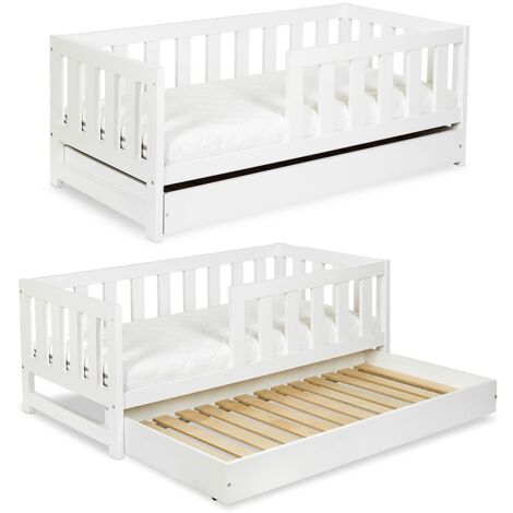 Monmobilierdesign – Lit enfant 160x80 cm blanc avec tiroir gigogne – Barrière de protection contre les chutes – Matériaux durables – Facile à monter