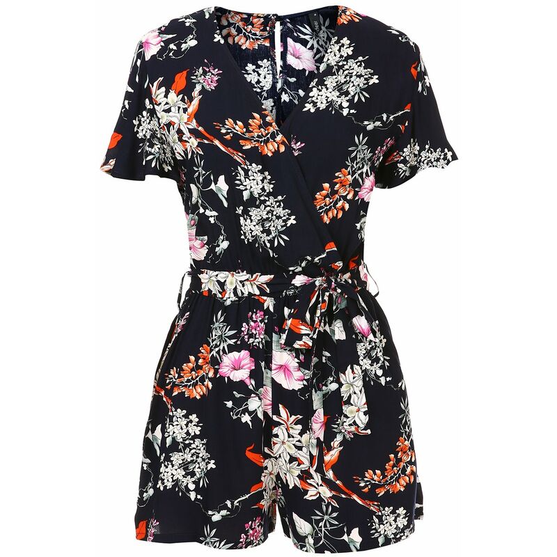 

Mono Corto De Mameluco Con Cuello En V Con Estampado Floral Para Mujer Azul Oscuro S
