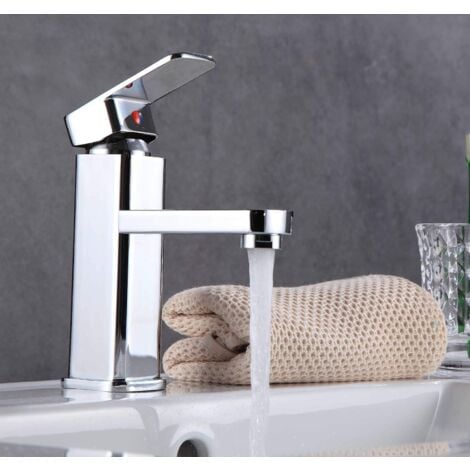 DAYPLUS Monobloc Cloakroom Basin Tap, Bathroom Sink Mixer Tap Squre Chrome with Pop Up Single Handle for Bathroom Basin Deck Mounted