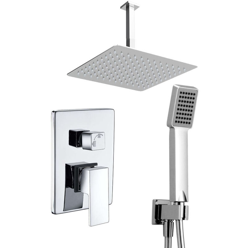 

Grifo monomando ducha para empotrar CAS salida techo. Acabado cuadrado cromo brillo. Incluye soporte con toma agua, flexo PVC plateado, brazo ducha y