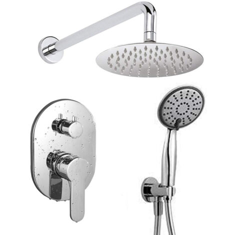 Grifo monomando ducha para empotrar VAL salida pared. Acabado redondo cromo brillo. Incluye soporte con toma agua, flexo PVC plateado, brazo ducha y rociador extraplano Kibath