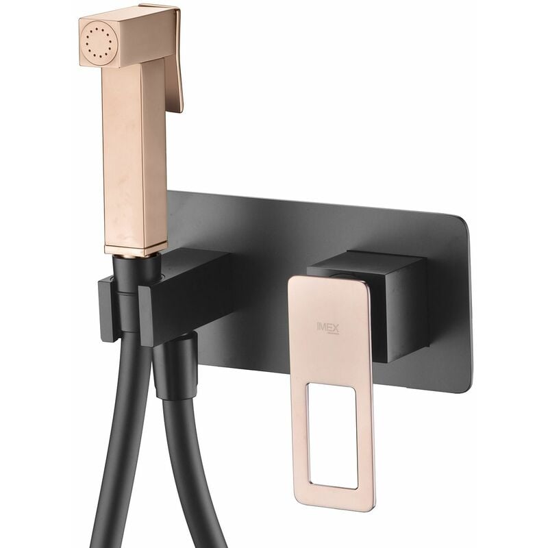 Imex - Ensemble Mitigeur douchette hygiénique encastré Noir et Or Brossé Suecia