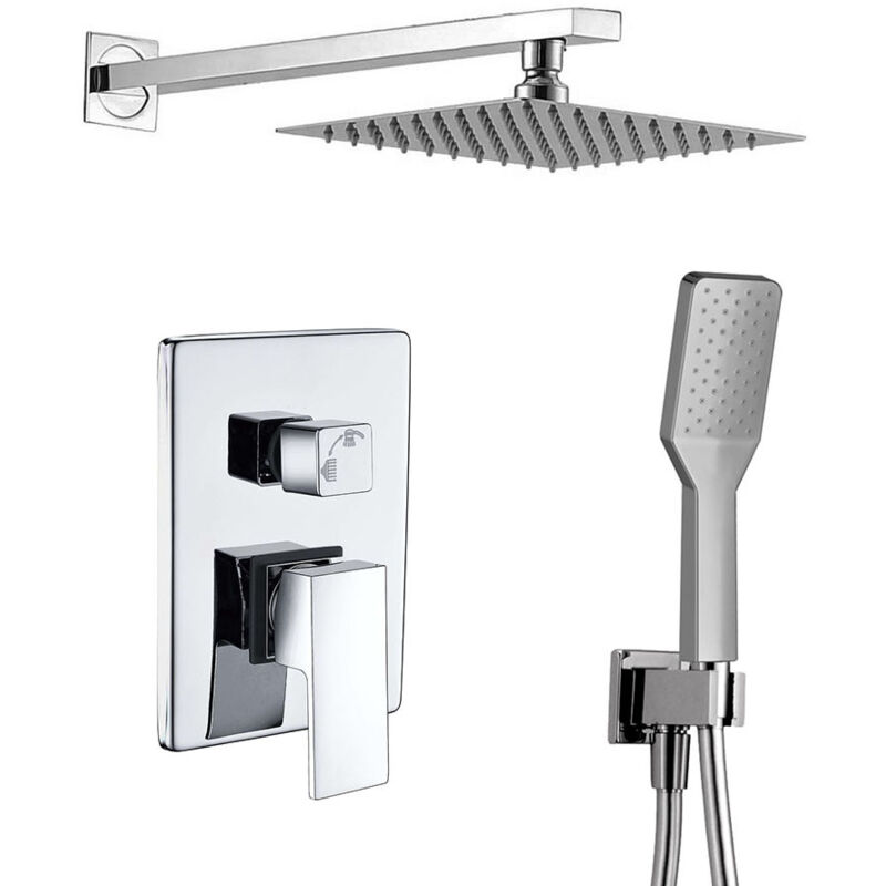 

Grifo monomando ducha para empotrar CHE salida pared. Acabado cuadrado cromo brillo. Incluye soporte con toma agua, flexo PVC plateado, brazo ducha y