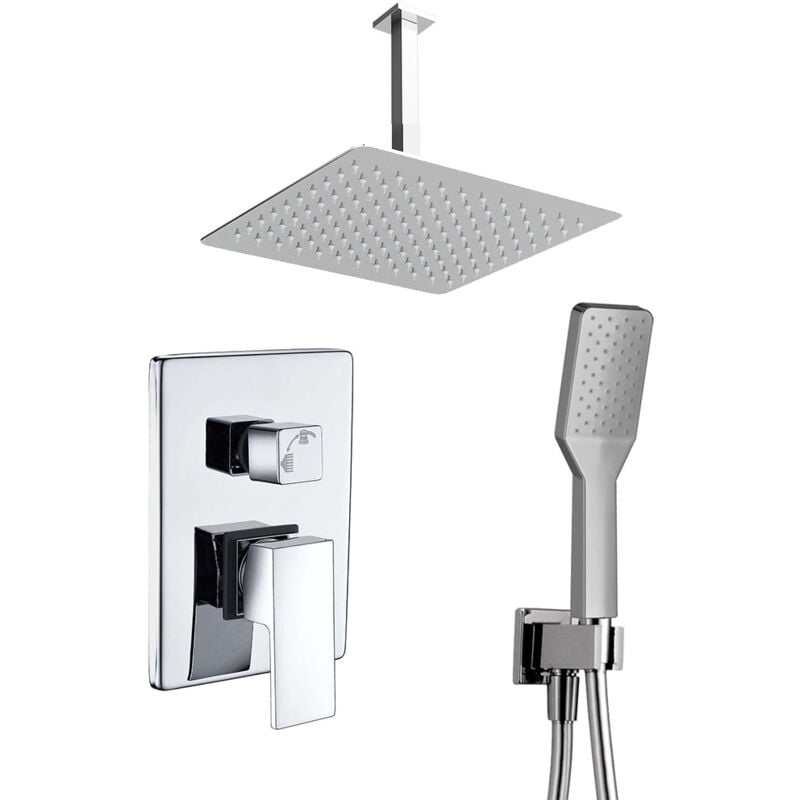 

Grifo monomando ducha para empotrar CHE salida techo. Acabado cuadrado cromo brillo. Incluye soporte con toma agua, flexo PVC plateado, brazo ducha y
