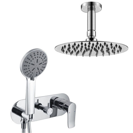 Grifo monomando de ducha para empotrar SAR. Salida techo. Incluye: rociador extraplano, soporte, flexo, maneral y brazo de ducha. Ducha empotrable con acabado redodo en cromo brillo Kibath