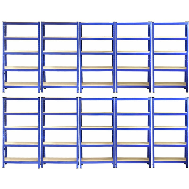 10 Rayonnages T-Rax en Acier Sans Boulons Bleus 75cm x 30cm x 150cm - Robuste - Capacité de 150Kg par Planche soit 7500KG au total - Entrepôt,