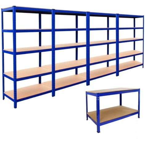 Monster Racking - 4 Scaffali T-Rax & Banco da Lavoro Q-Rax in Acciaio Senza Bulloni Blu tavolo da lavoro Scaffalature per Garages e Magazzino