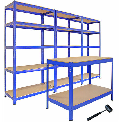 Monster Racking – Pack de 3 rayonnages T-Rax 90cm et 1 établi Q-Rax 120cm – Acier sans boulons – 5 étagères réglables – Charge max 280kg par étagère
