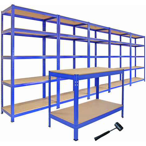 Monster Racking – Ensemble de rangement garage – 5 rayonnages T-Rax 75cm et 1 établi Q-Rax 120cm – Capacité 4150kg – Assemblage sans boulons – MDF épais
