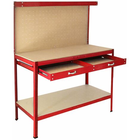 Monster-Shop – Établi de travail rouge 120x60cm – Panneau perforé avec 40 crochets – Charge maximale 200kg – 2 étagères 30/100kg – Tiroir 40kg