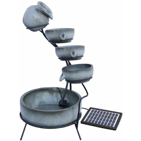 Monster-Shop – Fontaine de jardin solaire en résine gris – 4 niveaux – Panneau solaire avec batterie 6h – Débit 350 L/H – Décoration extérieure terrasse