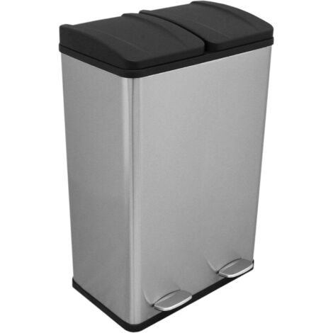 Monster-Shop – Poubelle à pédale 60L – Double compartiment 2 x 30L – Acier inoxydable – Couvercle en polypropylène – Antidérapante et hygiénique