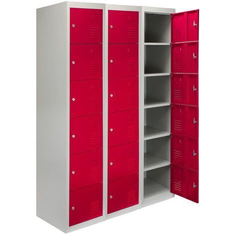 MonsterShop - 3 Taquillas Metálicas para Montar con 6 Puertas Rojas 45x114x180cm con Estantes llaves Imanes Portatarjetas Nombre Casilleros Metalicos Metal Locker Escuela Gimnasio Vestuario y Oficina