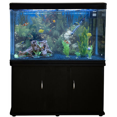 MonsterShop – Aquarium Noir de 300 Litres, Kits et Accessoires de Démarrage, Plantes, Graviers Bleu, Meuble Noir, d’une dimension totale de 143,5 cm de Haut x 120,5 cm de Large x 39 cm de Profondeur - Bleu