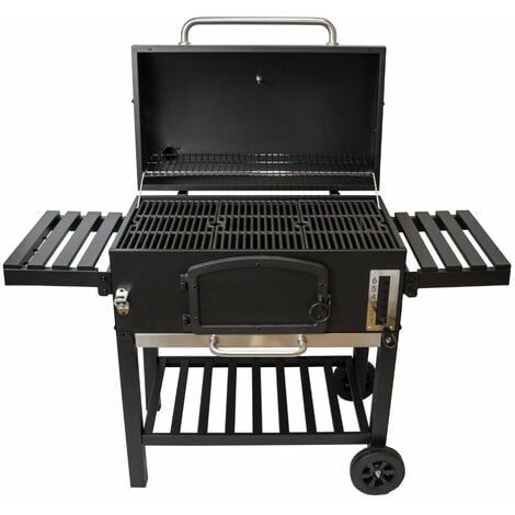 MonsterShop - BBQ XXL- Barbecue Grill&Fumoir Type Américain Acier Noir Mat Jardin Max 5.5Kg Charbon 4 Events Portable Gigantesque Surface de Cuisson 77cm x 43.5 cm  [Housse & Brosse Incluses]