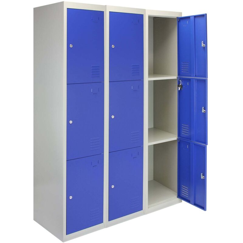 MonsterShop Lot de 3 casiers de rangement en métal à 3 portes en acier verrouillable Bleu et gris Ecole Gym Vestaire [Aimants gratuits] Livré à Plat