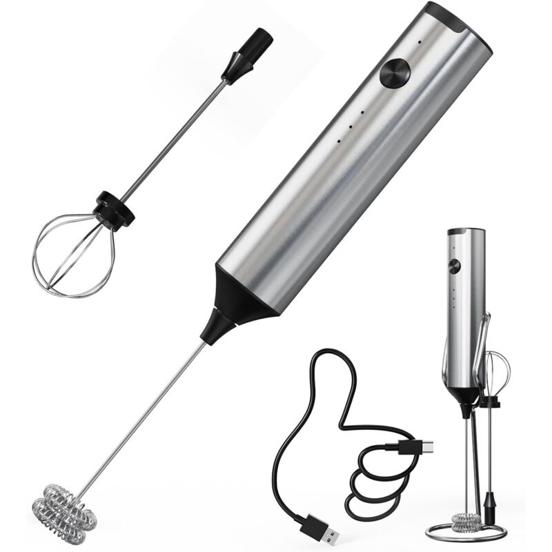 Image of Jalleria - Montalatte elettrico ricaricabile con 3 velocità e supporto, montalatte elettrico con 2 fruste in acciaio inox per matcha, cioccolata