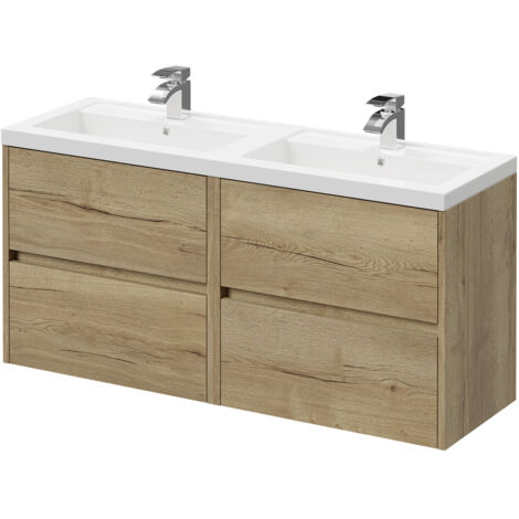 Montego Autumn Oak 1200mm Wall Mounted Vanity Unit with Polymarble Double Basin and 4 Drawers