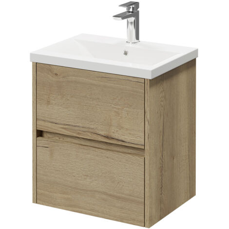 Montego Autumn Oak 500mm Wall Mounted Vanity Unit with 1 Tap Hole Basin and 2 Drawers