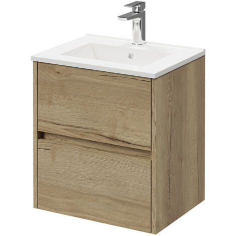 Montego Autumn Oak 500mm Wall Mounted Vanity Unit with 1 Tap Hole Minimalist Basin and 2 Drawers