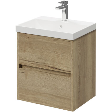 Montego Autumn Oak 500mm Wall Mounted Vanity Unit with 1 Tap Hole Slim Edge Basin and 2 Drawers