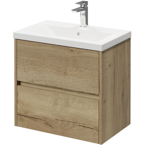 Montego Autumn Oak 600mm Wall Mounted Vanity Unit with 1 Tap Hole Basin and 2 Drawers