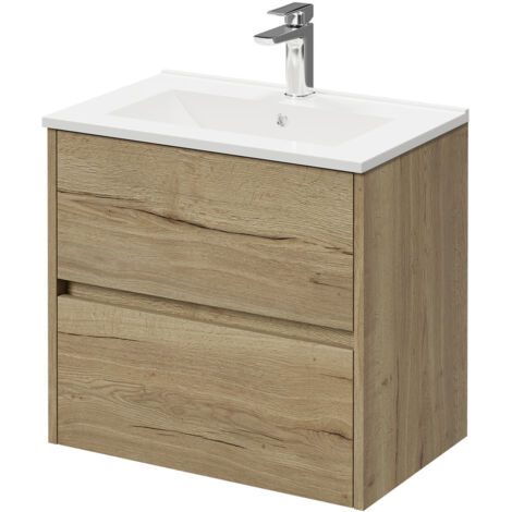 Montego Autumn Oak 600mm Wall Mounted Vanity Unit with 1 Tap Hole Minimalist Basin and 2 Drawers