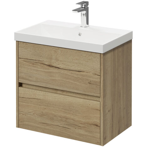 Montego Autumn Oak 600mm Wall Mounted Vanity Unit with 1 Tap Hole Slim Edge Basin and 2 Drawers