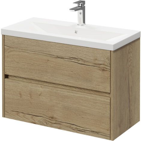 Montego Autumn Oak 800mm Wall Mounted Vanity Unit with 1 Tap Hole Basin and 2 Drawers