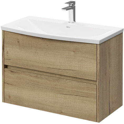Montego Autumn Oak 800mm Wall Mounted Vanity Unit with 1 Tap Hole Curved Basin and 2 Drawers