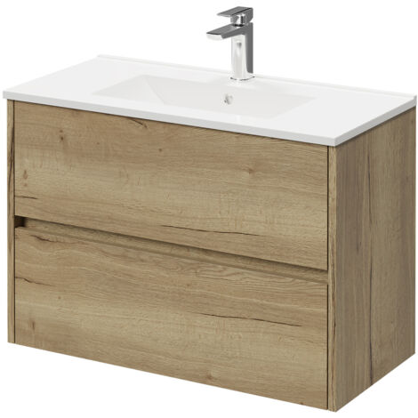 Montego Autumn Oak 800mm Wall Mounted Vanity Unit with 1 Tap Hole Minimalist Basin and 2 Drawers