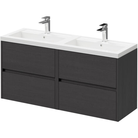 Montego Graphite Grey 1200mm Wall Mounted Vanity Unit with Polymarble Double Basin and 4 Drawers