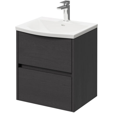 Montego Graphite Grey 500mm Wall Mounted Vanity Unit with 1 Tap Hole Curved Basin and 2 Drawers